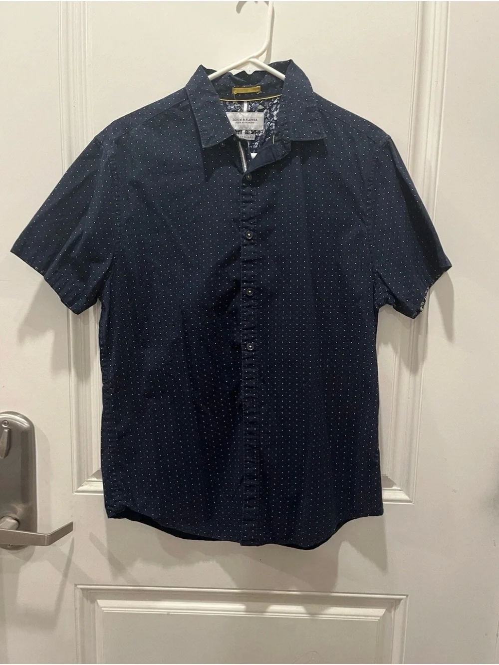 Denim & Flower Men's Navy Short-Sleeve Button-Down Shirt with Micro Dot Print